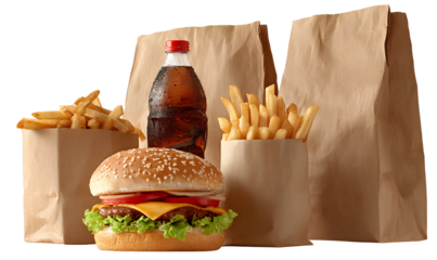 A fast food meal with a burger, fries, and soda in brown paper bags, isolated on a transparent background