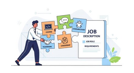 Person Assembling Puzzle Pieces Representing Job Description Elements with Teamwork, Leadership, Communication, and Coding Concepts in a Modern Setting