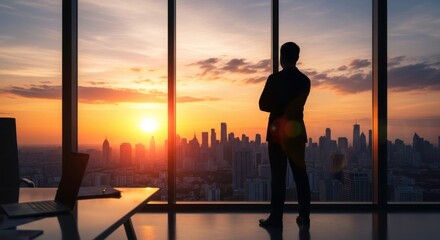 Businessman Silhouette at Sunrise Over City Skyline in Modern Office with Glass Windows Reflecting Colors of Dusk and Urban Life in Motion