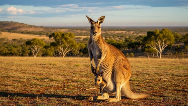 A mother kangaroo carries her young in a pouch - Powered by Adobe