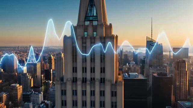 A clever integration of a city skyline with an overlaid animated data graph. - Powered by Adobe