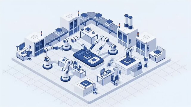 A clean isometric infographic animation of a factory floor with robotic arms and data callouts.