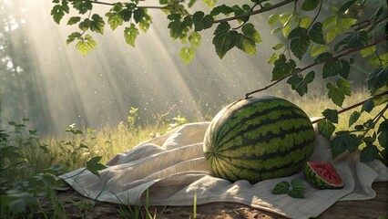 Whole watermelon and sliced piece on wooden table in garden with sunlight filtering through green leaves creating peaceful summer scene