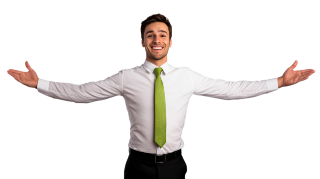 Man in formal wear smiling with arms outstretched