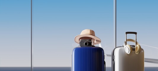 Suitcases at an airport terminal. Travel concept. 3d rendering	