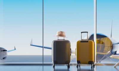 Fototapeta premium Suitcases at an airport terminal. Travel concept. 3d rendering 