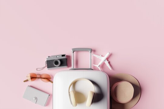Ready for travel. White suitcase surrounded by essential travel items on pink background. 3d rendering	