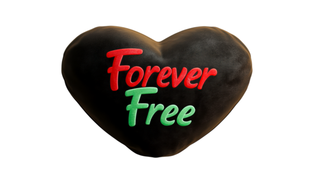 Heart shaped pillow with Forever Free text in vibrant colors