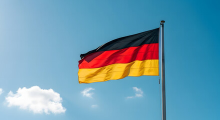 Majestic German flag waves proudly against a clear blue sky, symbolizing national pride and heritage.