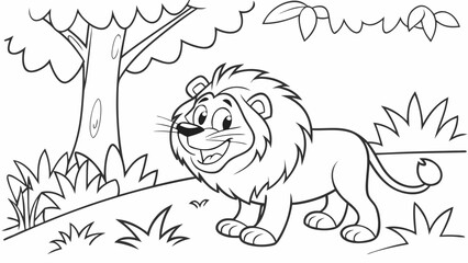 Vector Cartoon funny Lion, funny image in the forest, Coloring book page for children. Line Art isolated on white background