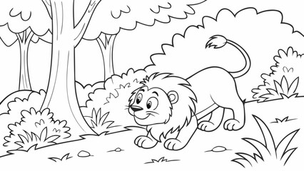Vector Cartoon funny Lion, funny image in the forest, Coloring book page for children. Line Art isolated on white background