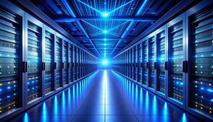 High-tech server rack corridor in a modern data center with glowing blue network lights