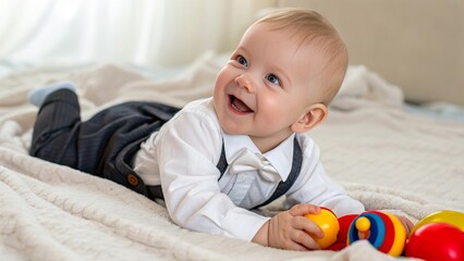 A happy, smiling baby boy lies on a soft blanket on a bed, playfully engaging with bright, colorful toys. Suitable for marketing or business purposes
