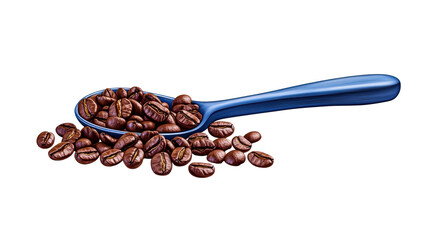 Dark roasted coffee beans in a blue wooden spoon