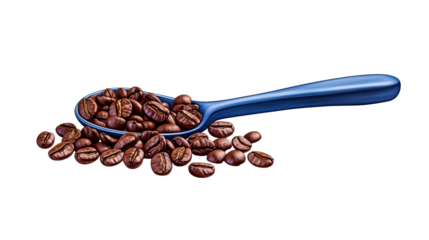 Dark roasted coffee beans in a blue wooden spoon