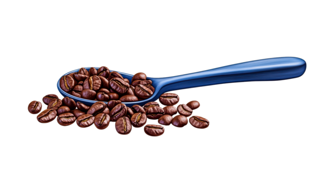 Dark roasted coffee beans in a blue wooden spoon