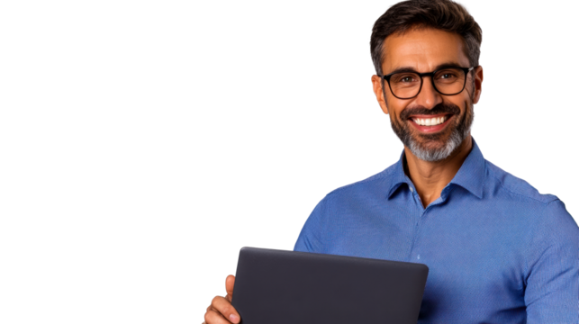 Man with laptop smiling confidently in casual setting