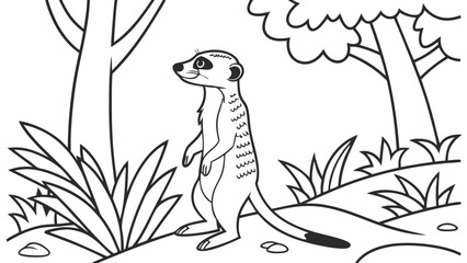 Vector Cartoon funny Meerkat, funny image in the forest, Coloring book page for children. Line Art isolated on white background