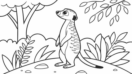 Vector Cartoon funny Meerkat, funny image in the forest, Coloring book page for children. Line Art isolated on white background