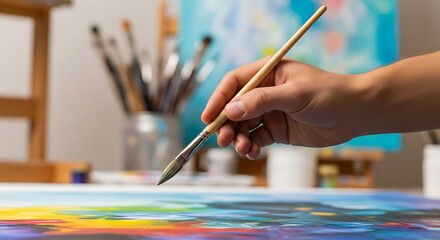 Naklejka premium Closeup of an artists hand painting on canvas with a brush, creating colorful artwork in the studio, expressing creativity and artistic talent with fine detail