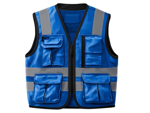 Blue safety vest with reflective stripes and pockets white background