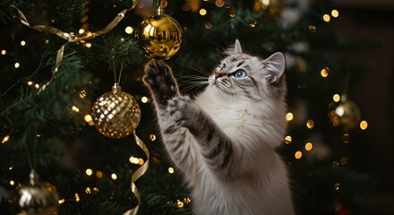 A fluffy grey cat playfully reaches for a gold ornament on a Christmas tree branch.