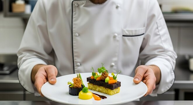 A chef is holding a plate of food in a restaurant kitchen, showcasing culinary expertise and offering a gourmet dining experience for customers