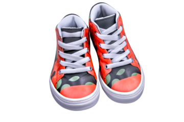Colorful childrens sneakers with unique design on clear bg