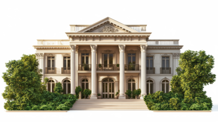 Classical white mansion with columns and portico
