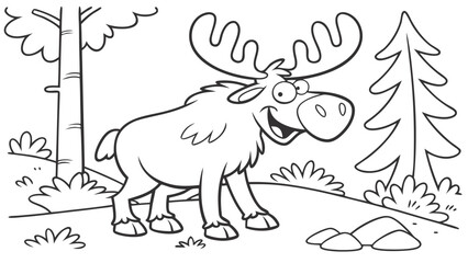 Vector Cartoon funny Moose, funny image in the forest, Coloring book page for children. Line Art isolated on white background