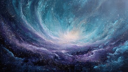 Abstract painting of swirling blues, purples, and gold mimicking a nebula in space