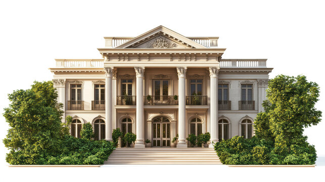 Classical white mansion with columns and portico
