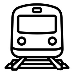A flat black and white line icon of a train front view with rails beneath
