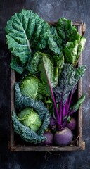 Fresh greens in a wooden crate