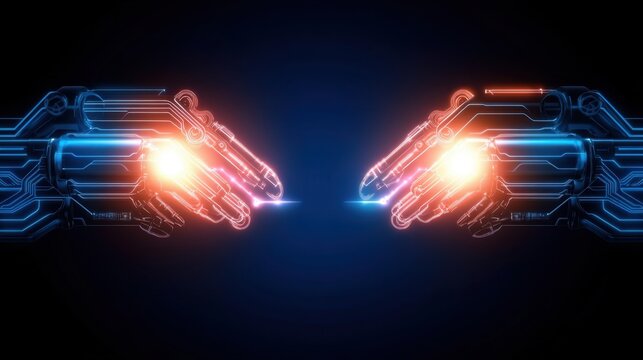 Futuristic Robots Hands Creating Energy Connection in Dark Background