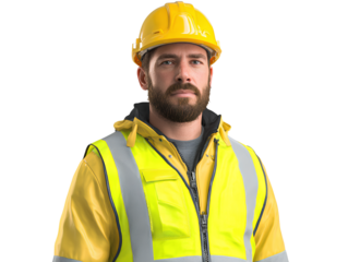 Construction worker in high visibility vest and helmet white background