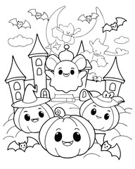 Halloween themed children's coloring book line art design with a clean, single-color background.
