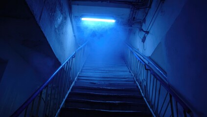 Fototapeta premium Blue-lit, dimly lit basement stairs