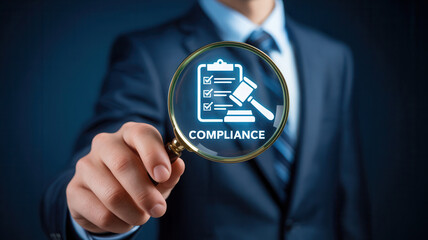 Expert business professional meticulously examining legal compliance standards with a magnifying glass highlighting rules and regulations for assured adherence