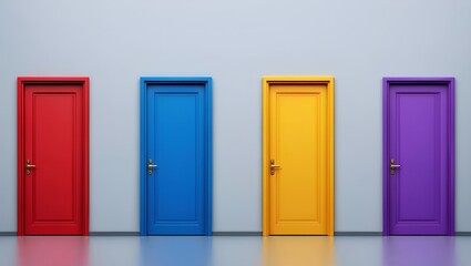 A row of four colorful doors, each a different shade against a plain wall, creates depth.