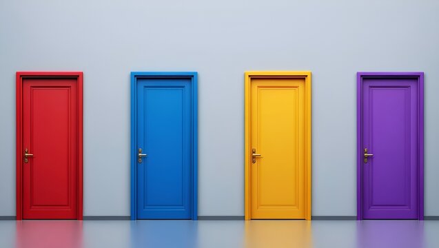 A row of four colorful doors, each a different shade against a plain wall, creates depth.