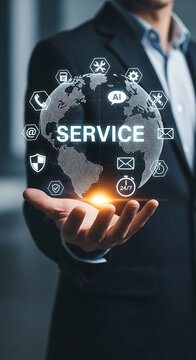 A businessman presenting a service solution with digital technology, artificial intelligence, and global network connections for business growth and customer support