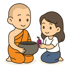 cartoon offer food to the monk illustration