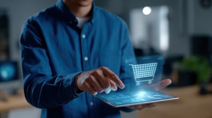 Digital shopping experience engaging user interaction with virtual cart modern office environment technology concept