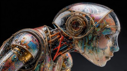 Detailed view of a stylized, intricate robot head and upper body