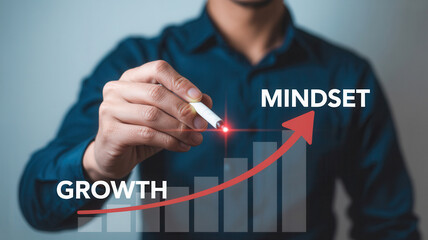 Unlock your potential with a powerful growth mindset, visualized through upward trending charts and a guiding hand.