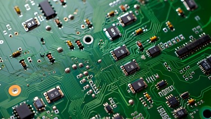 Close-up of a bright green circuit board showcasing intricate electronic components and connections.