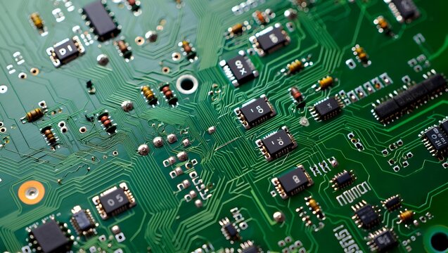 Close-up of a bright green circuit board showcasing intricate electronic components and connections.