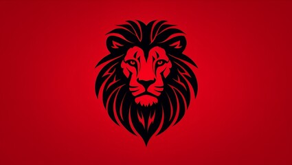 A regal black lion head faces forward against a bold red backdrop in minimalist style