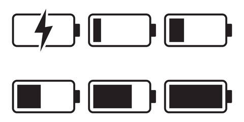 Battery symbols with fast charging, exclamation, low, plus, minus, tick and full charge signs . Battery Icon Illustration Vector Set .